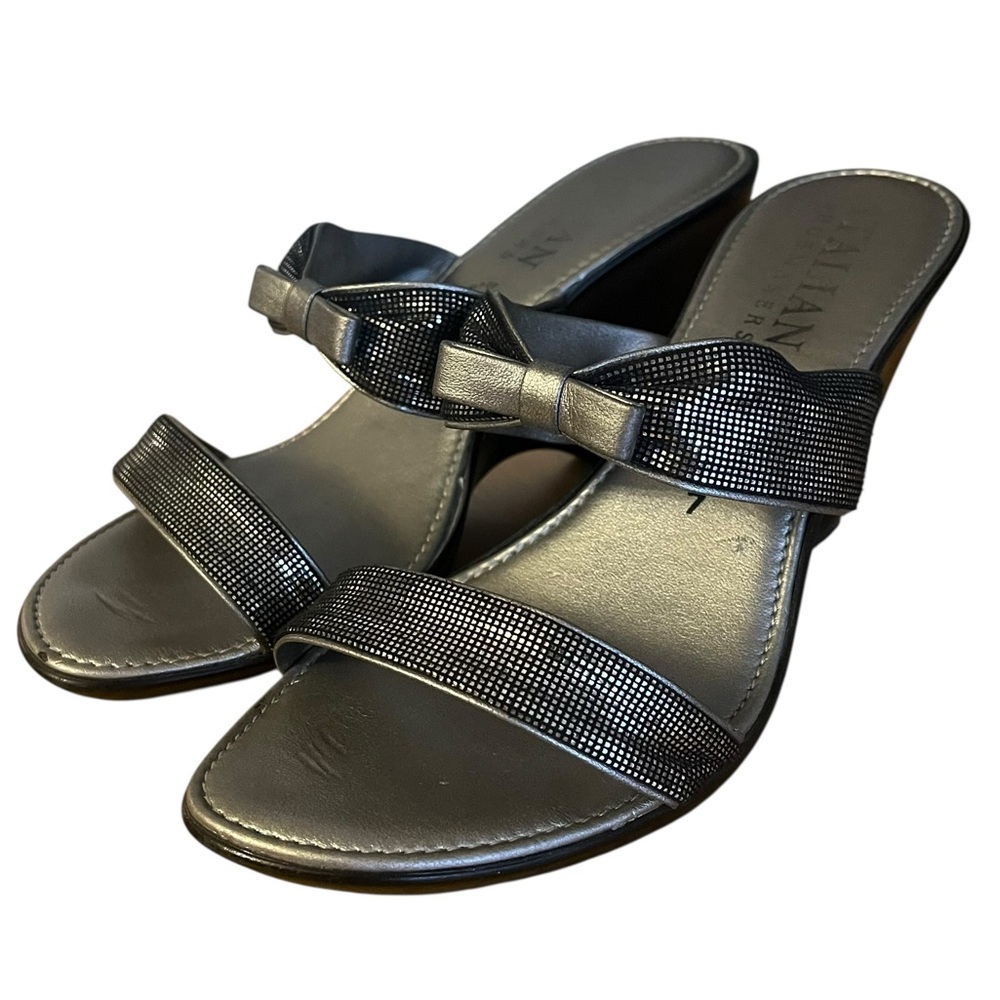 Women’s Dark Charcoal Silver Sparkling Bow Slip-On Wedge Heels SZ 7